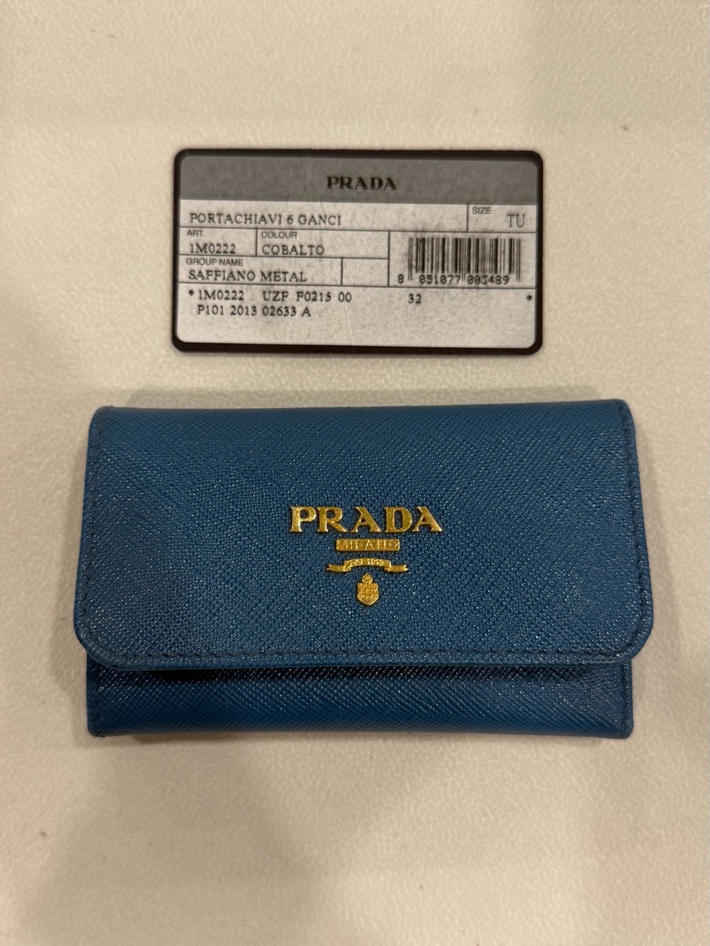 Prada Cobalt Blue Saffiano Leather Key & Card Holder with Gold Logo